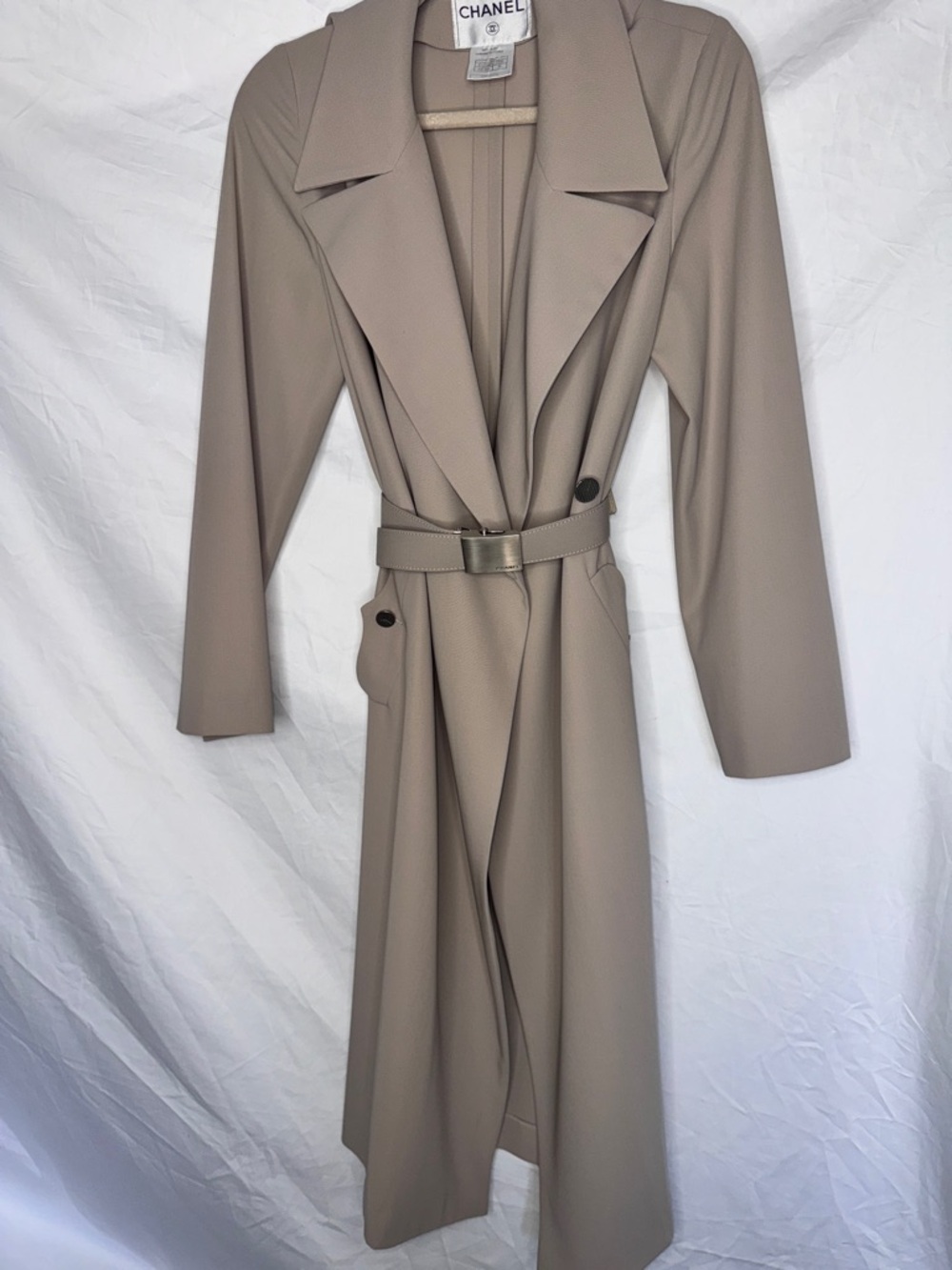 CHANEL 1999 Rare Runway Beige Taupe Long Trench Coat w/ Silver CC detailed belt